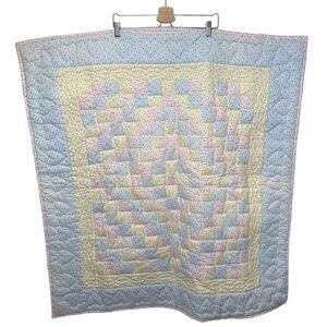 Vintage Baby Bed Patchwork Quilt Hearts Hand Made Ditzy Floral Eyelet Blue Pink‎